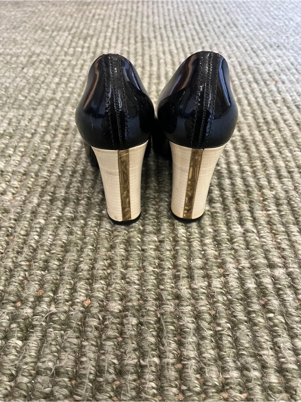 Lanvin Black Patent Leather Round-Toe Pumps with Gold Trim